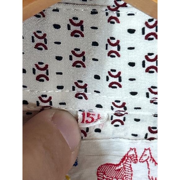 Vintage Double Red Horse Button Up 15 1/2 Cream Red Print 100% Pure Silk - Picture 5 of 9